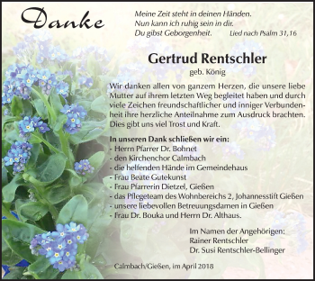 Traueranzeige von Gertrud Rentschler von Giessener Allgemeine, Alsfelder Allgemeine