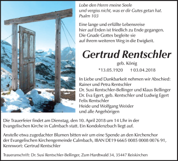 Traueranzeige von Gertrud Rentschler von Giessener Allgemeine, Alsfelder Allgemeine