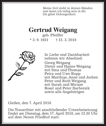 Traueranzeige von Gertrud Weigang von Giessener Allgemeine, Alsfelder Allgemeine
