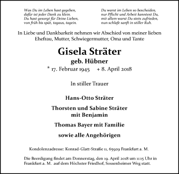 Traueranzeige von Gisela Sträter von Wetterauer Zeitung, Wetterauer Zeitung