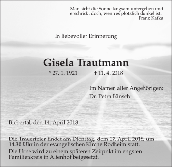 Traueranzeige von Gisela Trautmann von Giessener Allgemeine, Alsfelder Allgemeine