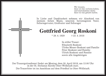 Traueranzeige von Gottfried Georg Roskoni von Wetterauer Zeitung, Wetterauer Zeitung
