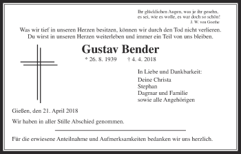 Traueranzeige von Gustav Bender von Giessener Allgemeine, Alsfelder Allgemeine
