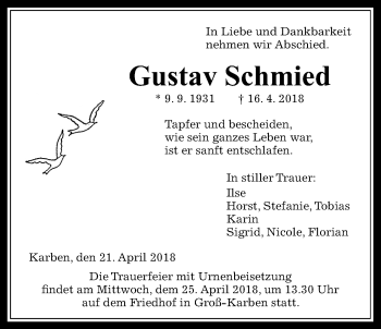 Traueranzeige von Gustav Schmied von Wetterauer Zeitung, Wetterauer Zeitung