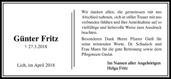 Traueranzeige von Günter Fritz von Licher Wochenblatt, Licher Wochenblatt, Licher Wochenblatt