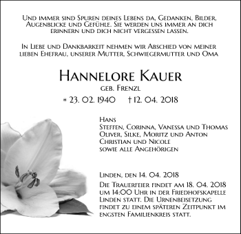 Traueranzeige von Hannelore Kauer von Giessener Allgemeine, Alsfelder Allgemeine