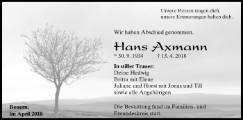 Traueranzeige von Hans Axmann von Giessener Allgemeine, Alsfelder Allgemeine