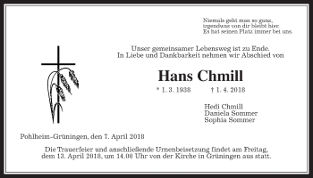 Traueranzeige von Hans Chmill von Giessener Allgemeine, Alsfelder Allgemeine