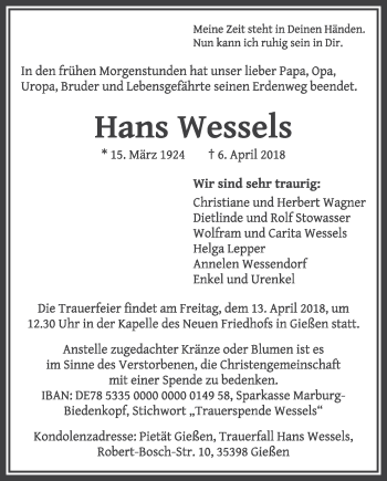 Traueranzeige von Hans Wessels von Giessener Allgemeine, Alsfelder Allgemeine