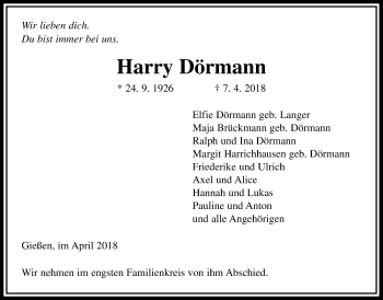 Traueranzeige von Harry Dörmann von Giessener Allgemeine, Alsfelder Allgemeine