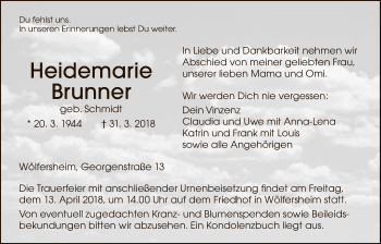 Traueranzeige von Heidemarie Brunner von Wetterauer Zeitung, Wetterauer Zeitung