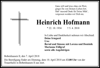 Traueranzeige von Heinrich Hofmann von Alsfelder Allgemeine