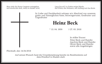 Traueranzeige von Heinz Beck von Wetterauer Zeitung, Wetterauer Zeitung