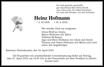 Traueranzeige von Heinz Hofmann von Rabenauer Zeitung