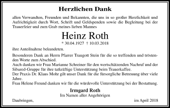 Traueranzeige von Heinz Roth von Giessener Allgemeine, Alsfelder Allgemeine