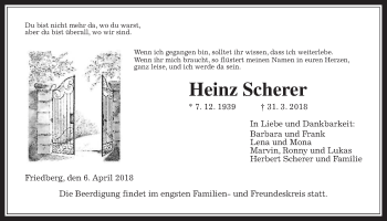 Traueranzeige von Heinz Scherer von Wetterauer Zeitung, Wetterauer Zeitung