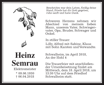 Traueranzeige von Heinz Semrau von Wetterauer Zeitung, Wetterauer Zeitung