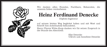 Traueranzeige von Heinz Ferdinand Denecke von Wetterauer Zeitung, Wetterauer Zeitung