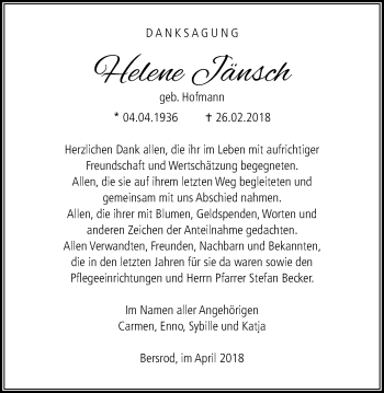 Traueranzeige von Helene Jänsch von Giessener Allgemeine, Alsfelder Allgemeine