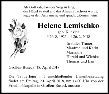 Traueranzeige von Helene Lemischko von Giessener Allgemeine, Alsfelder Allgemeine