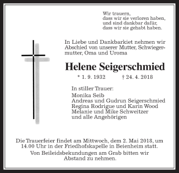 Traueranzeige von Helene Seigerschmied von Wetterauer Zeitung, Wetterauer Zeitung