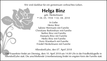 Traueranzeige von Helga Binz von Giessener Allgemeine, Alsfelder Allgemeine