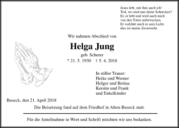 Traueranzeige von Helga Jung von Giessener Allgemeine, Alsfelder Allgemeine