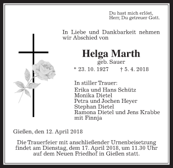 Traueranzeige von Helga Marth von Giessener Allgemeine, Alsfelder Allgemeine