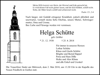 Traueranzeige von Helga Schütte von Giessener Allgemeine, Alsfelder Allgemeine