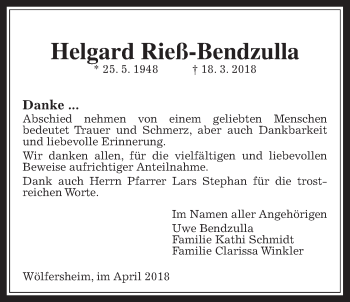 Traueranzeige von Helgard Rieß-Bendzulla von Wetterauer Zeitung, Wetterauer Zeitung