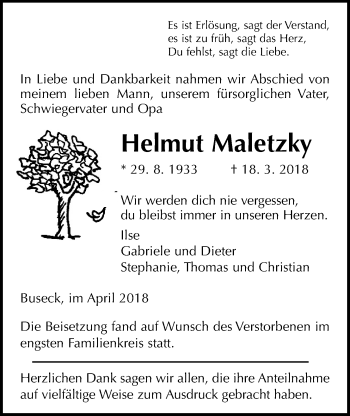 Traueranzeige von Helmut Maletzky von Giessener Allgemeine, Alsfelder Allgemeine