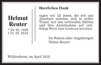 Traueranzeige von Helmut Reuter von Wetterauer Zeitung, Wetterauer Zeitung