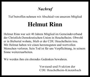 Traueranzeige von Helmut Rinn von Giessener Allgemeine, Alsfelder Allgemeine