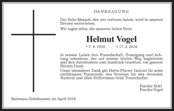 Traueranzeige von Helmut Vogel von Rabenauer Zeitung