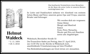 Traueranzeige von Helmut Waldeck von Wetterauer Zeitung, Wetterauer Zeitung