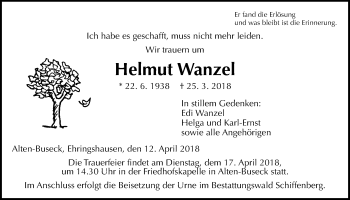 Traueranzeige von Helmut Wanzel von Giessener Allgemeine, Alsfelder Allgemeine