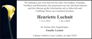 Traueranzeige von Henriette Lochnit von Giessener Allgemeine, Alsfelder Allgemeine