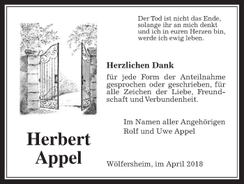 Traueranzeige von Herbert Appel von Wetterauer Zeitung, Wetterauer Zeitung