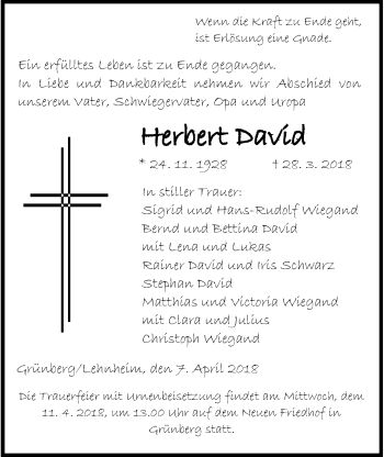 Traueranzeige von Herbert David von Giessener Allgemeine, Alsfelder Allgemeine