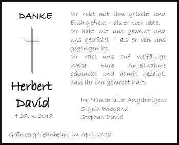 Traueranzeige von Herbert David von Giessener Allgemeine, Alsfelder Allgemeine