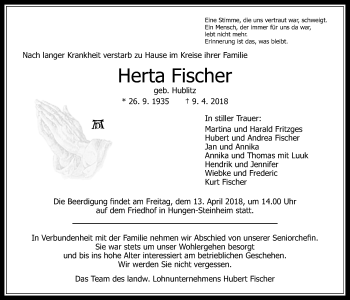 Traueranzeige von Herta Fisch von Giessener Allgemeine, Alsfelder Allgemeine, Wetterauer Zeitung, Wetterauer Zeitung