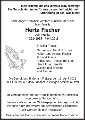 Traueranzeige von Herta Fischer von Licher Wochenblatt, Licher Wochenblatt, Licher Wochenblatt
