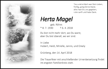Traueranzeige von Herta Magel von Giessener Allgemeine, Alsfelder Allgemeine