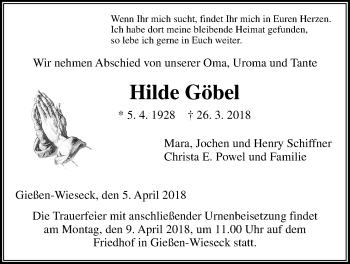 Traueranzeige von Hilde Göbel von Giessener Allgemeine, Alsfelder Allgemeine