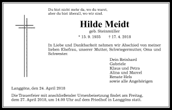 Traueranzeige von Hilde Meidt von Giessener Allgemeine, Alsfelder Allgemeine