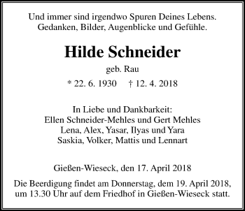 Traueranzeige von Hilde Schneider von Giessener Allgemeine, Alsfelder Allgemeine