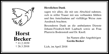 Traueranzeige von Horst Becker von Licher Wochenblatt, Licher Wochenblatt, Licher Wochenblatt