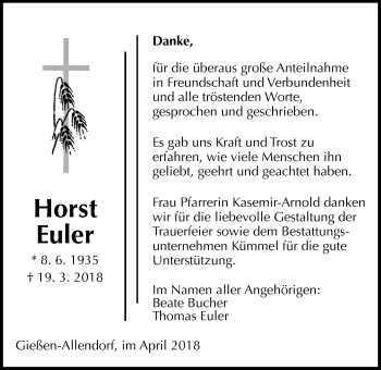 Traueranzeige von Horst Euler von Giessener Allgemeine, Alsfelder Allgemeine
