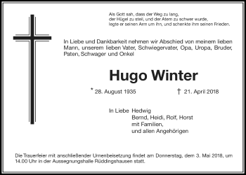 Traueranzeige von Hugo Winter von Giessener Allgemeine, Alsfelder Allgemeine
