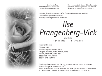 Traueranzeige von Ilse Prangenberg-Vick von Giessener Allgemeine, Alsfelder Allgemeine, Wetterauer Zeitung, Wetterauer Zeitung